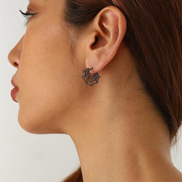 Halloween Spider Stud Earrings Silver/Black Gun Plated Spider Web Dangle Earring - Picture 2 of 5